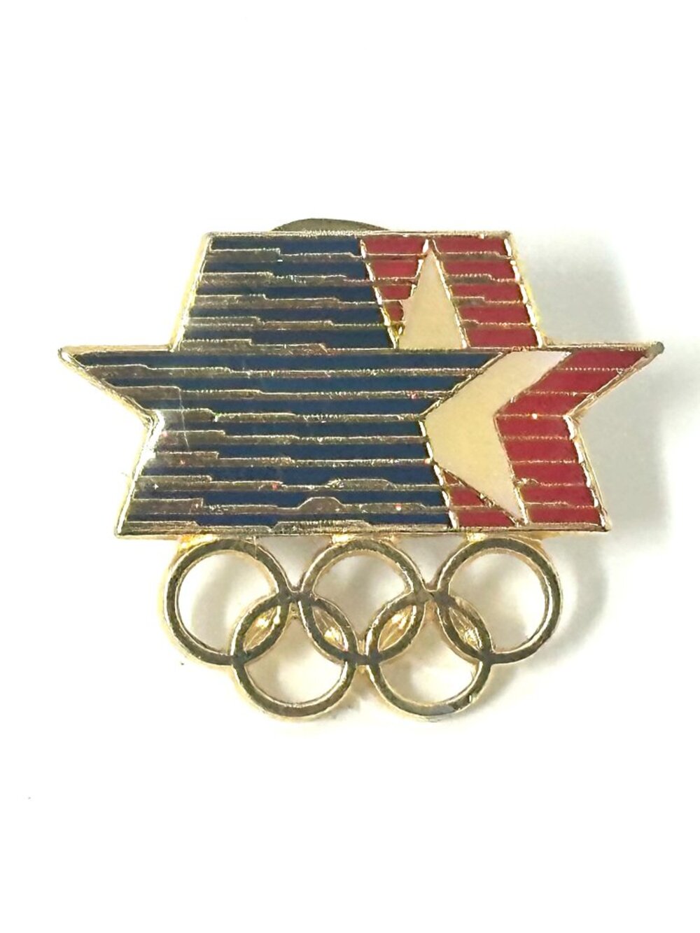 Vintage 1984 Summer Olympics Shooting Star Gold Red White Blue Pin Collectable